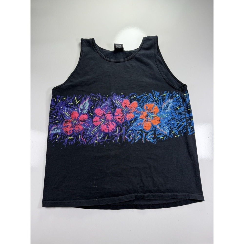 Vintage 80s 90s HOBIE Tank Top Neon Floral  Surf Sz L Black  Single Stitch USA